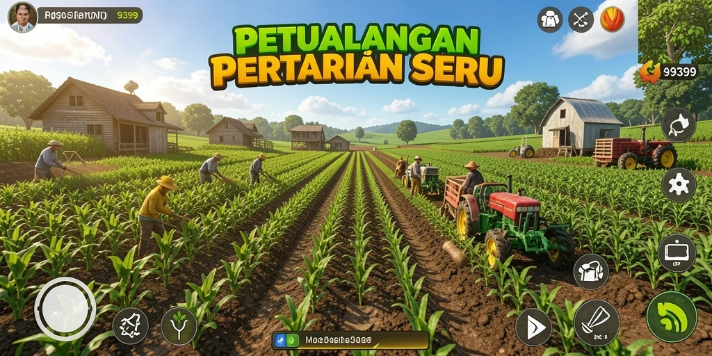 Screenshot gameplay <strong>9399</strong> menunjukkan suasana pertanian yang hidup dan interaktif.