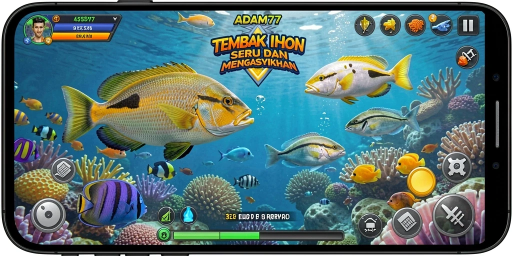 Screenshot gameplay ADAM77 yang menunjukkan aksi menembak ikan.