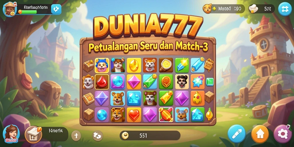 Tangkapan layar gameplay DUNIA777 menampilkan aksi mencocokkan permata yang seru.