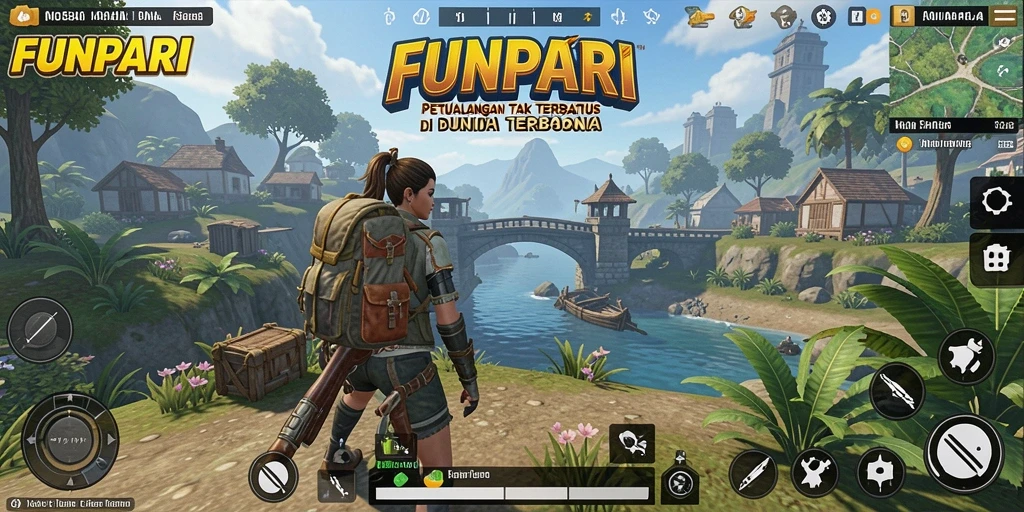 Screenshot gameplay FUNPARI menunjukkan dunia terbuka yang luas dan interaktif.