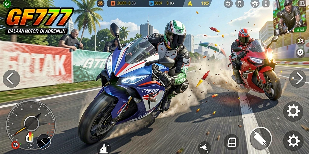 Screenshot menunjukkan aksi balapan seru di GF777 dengan sepeda motor cepat.