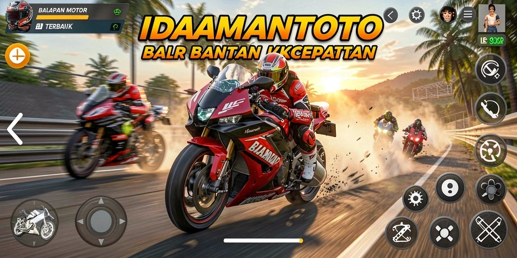 Screenshot gameplay IDAMANTOTO menunjukkan aksi balapan motor yang mendebarkan.