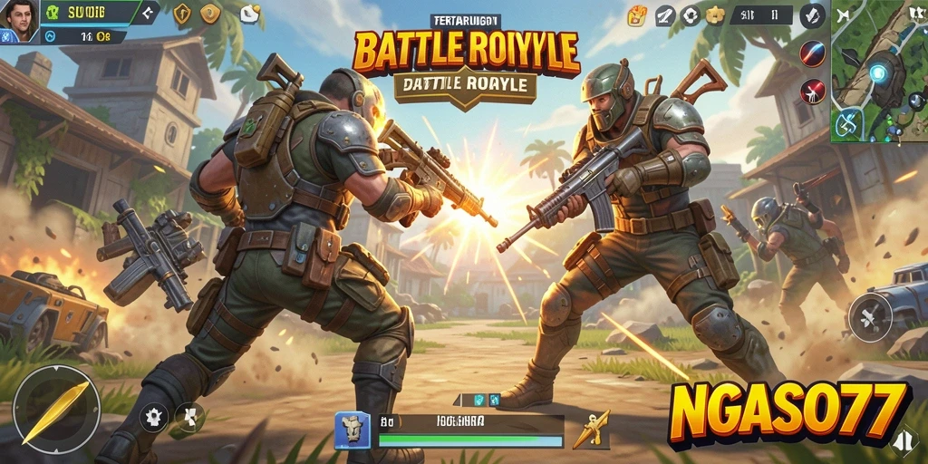 Screenshot NGASO77 menampilkan aksi seru dalam pertempuran Battle Royale.