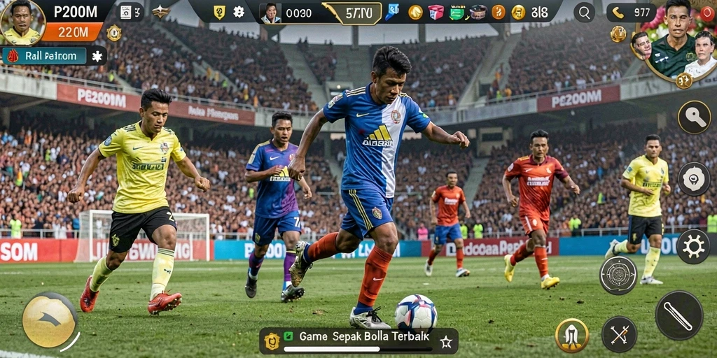 Screenshot utama P200M menampilkan momen seru dalam pertandingan sepak bola.