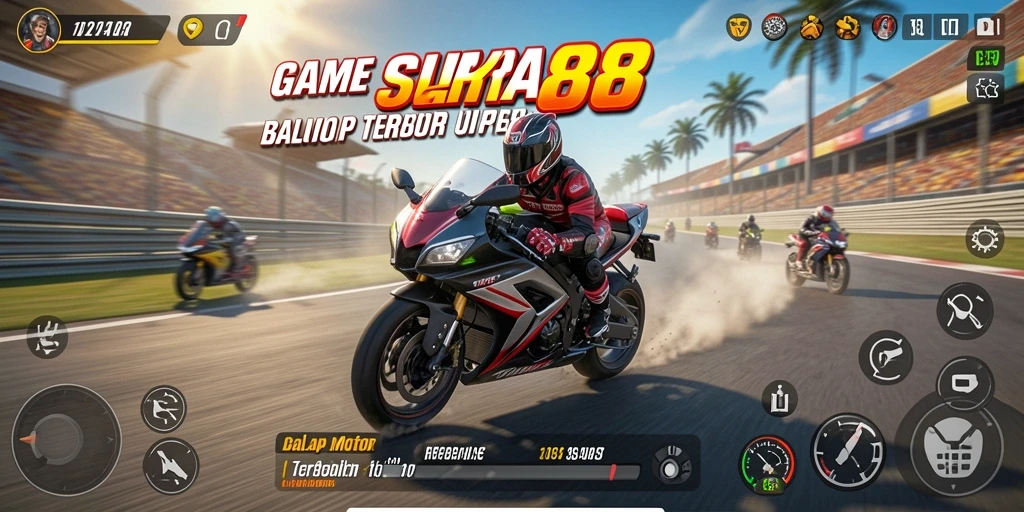Screenshot gameplay SURYA88 menampilkan balapan motor yang seru dan mendebarkan.